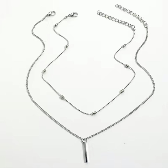 Silver Stacked Chain Long Pendant Necklace Simple Design. - Picture 3 of 3